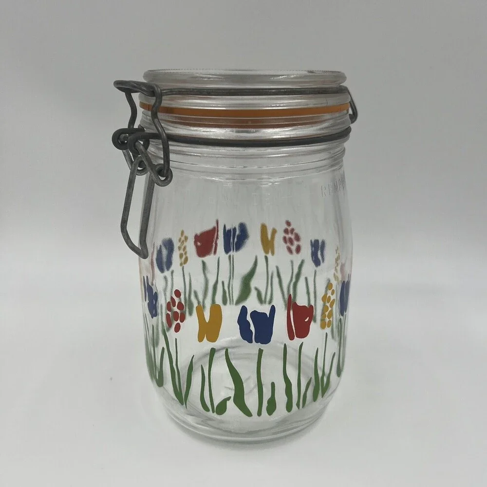 1 L Arc France Glass Canister Jar Tulip Floral Hinged‎ Lid